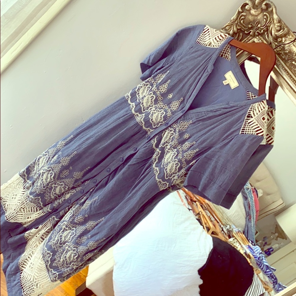 Anthropologie midi button up dress chambray/lace